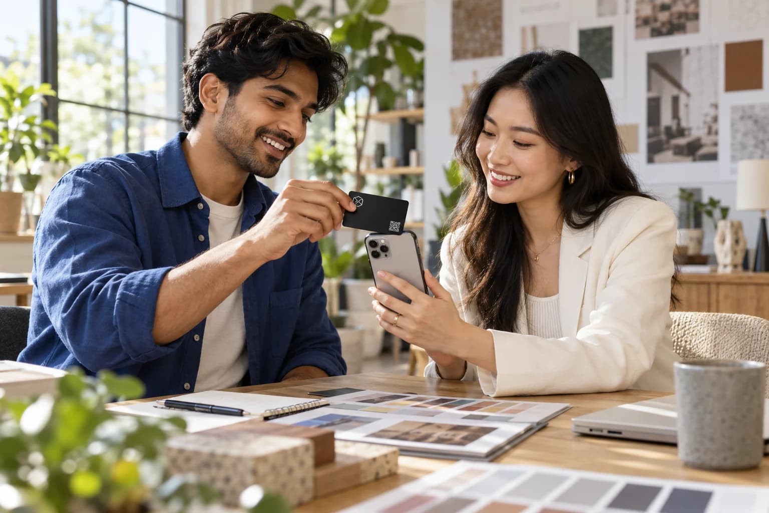 A creative professional sharing a digital portfolio with a client using an NFC card and phone